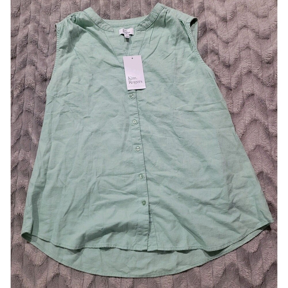Kim Rogers Womens L Green Sleeveless Button Up Shirt Linen Blend NWT